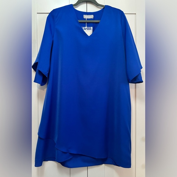 Blue V Neck Bell Shirt Sleeve Dress Chiffon With Arymetric Edge Sz LG NEW! - Picture 1 of 4